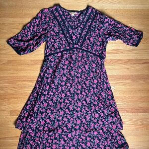 April Cornell Black and Pink Floral Midi Dress Size M/L 90s style